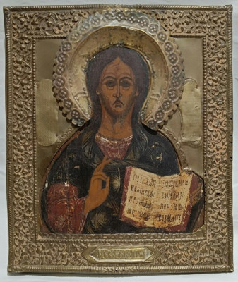 Icoana pe lemn ferecata. Isus Pantocrator, sec 19, doc. 31cm x 26,5cm foto