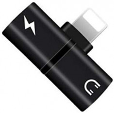 Mini Adaptor Lightning Splitter iUni dual port, pentru casti si incarcare iPhone, Black foto