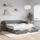 vidaXL Pat de zi cu extensie și sertare, gri &icirc;nchis, 90x200 cm textil