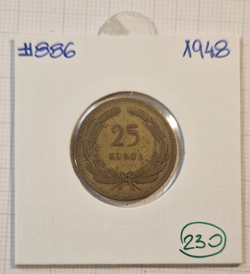 230 Turkey, Turcia, 25 Kurus 1948, KM#886 foto