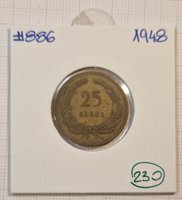 230 Turkey, Turcia, 25 Kurus 1948, KM#886