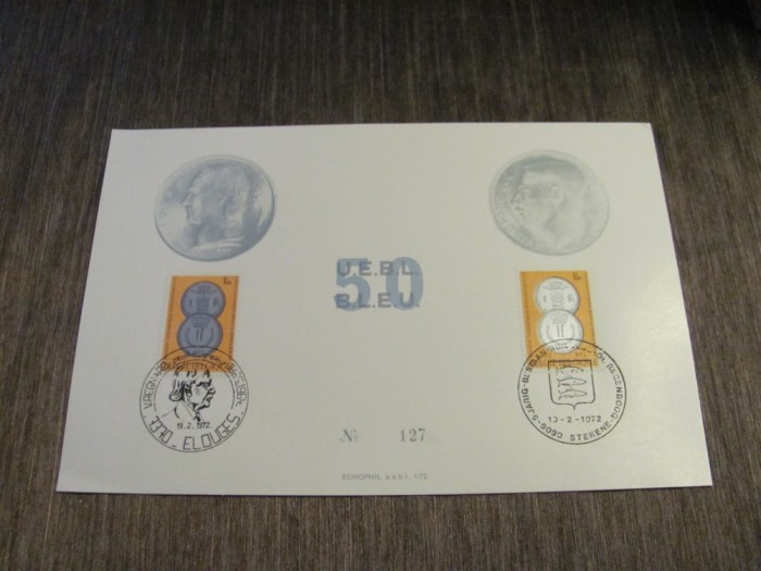 Colecție Numismatică 2 Timbre Obliterate cu Monede, Ștampile Speciale Eloies &amp; Stekene Belgia 1972