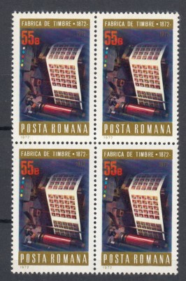 ROMANIA 1972 LP 800 CENTENARUL FABRICII DE TIMBRE BLOC DE 4 TIMBRE MNH foto