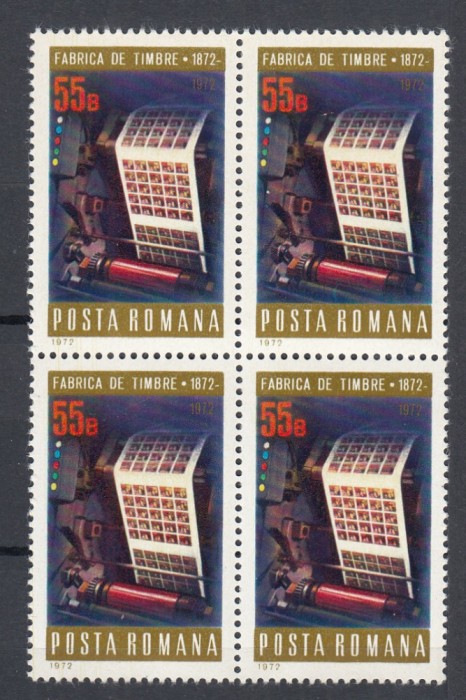 ROMANIA 1972 LP 800 CENTENARUL FABRICII DE TIMBRE BLOC DE 4 TIMBRE MNH