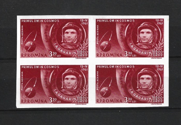 ROMANIA 1961 - PRIMUL OM IN COSMOS, NEDANTELAT, BLOC, MNH - LP 516 a