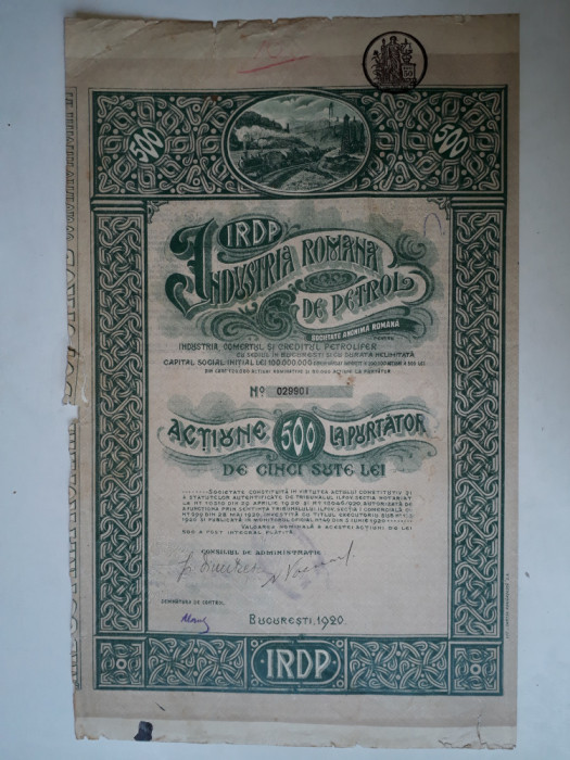 500 Lei 1920 Industria Romana de Petrol IRDP actiuni vechi ,veche Romania 29901