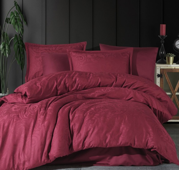 Lenjerie pentru pat dublu Clasy, cu 4 fete de perna, Deluxe Jacqard Hemera Bordeaux