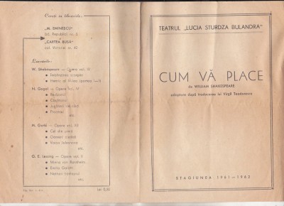 bnk rev Program Teatrul Lucia Sturdza Bulandra - 1961-1962 foto