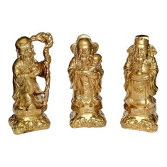 Cei trei intelepti Fuk Luk Sau, set figurine Feng Shui pentru canalizarea dorintelor, statuete auriu