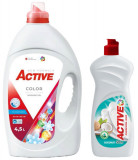 Cumpara ieftin Detergent lichid pentru rufe colorate Active, 4.5 litri, 90 spalari + Detergent de vase lichid Active, 0.5 litri, cocos