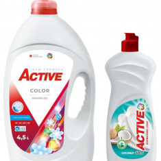 Detergent lichid pentru rufe colorate Active, 4.5 litri, 90 spalari + Detergent de vase lichid Active, 0.5 litri, cocos