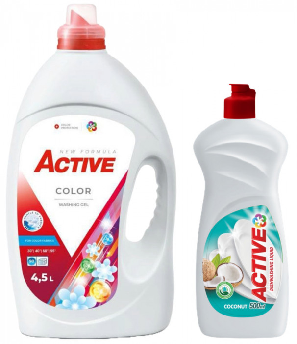 Detergent lichid pentru rufe colorate Active, 4.5 litri, 90 spalari + Detergent de vase lichid Active, 0.5 litri, cocos