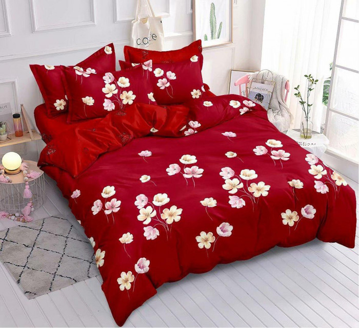 Lenjerie de pat pentru o persoana cu husa elastic pat si 2 fete perna patrata, Silba, bumbac mercerizat, multicolor