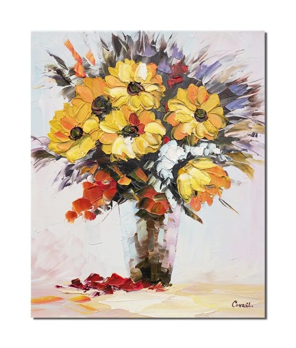 Tablou cu floarea soarelui pictat manual, Ikebana, 50x40cm ulei pe panza in cutit, Leonard Covaci