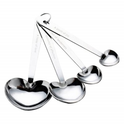 Set 4 linguri de dimensiuni diferite din metal pentru masurat ingrediente, condimente, in forma de inima, argintiu foto