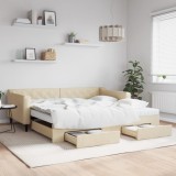 VidaXL Pat de zi cu extensie și sertare, crem, 100x200 cm, textil