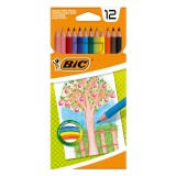Set Creioane Colorate BIC, 12 Bucăți, V&acirc;rf Subțire, Multicolor