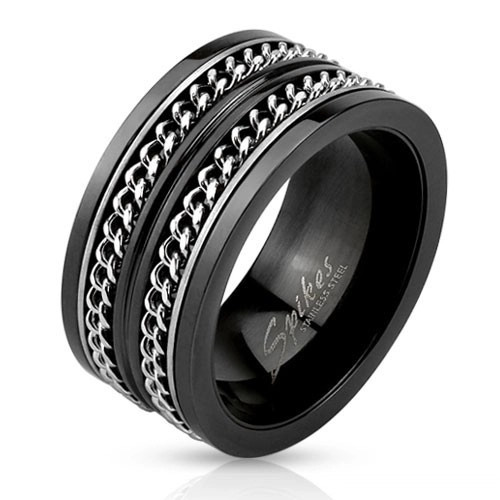 Inel tip bandă din oţel negru, două lanţuri argintii - Marime inel: 65