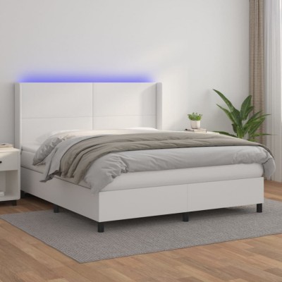vidaXL Pat cu arcuri, saltea și LED, alb, 160x200 cm, piele ecologică 3139272 foto