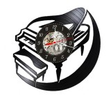 Ceas de perete decorativ din disc de vinil, Model Pian de Concert și Note Muzicale, Negru, 30 cm