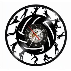 Ceas de perete din disc vinil, Tematică Volei, Design cu Siluete Jucători și Minge, Negru, 30 cm