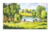 Tablou pictat manual living, La pescuit, fir intins, 100x60cm pictura ulei pe panza, Constantin Feraru