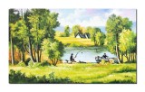 Cumpara ieftin Tablou pictat manual living, La pescuit, fir intins, 100x60cm pictura ulei pe panza, Constantin Feraru
