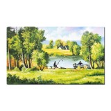 Tablou pictat manual living, La pescuit, fir intins, 100x60cm pictura ulei pe panza, Constantin Feraru