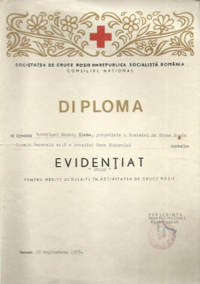 AMS# - DIPLOMA + INSIGNA EVIDENTIAT &amp;quot;BRONZ&amp;quot; CRUCEA ROSIE 1975 foto