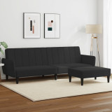 Canapea extensibilă cu taburet, 2 locuri, negru, catifea