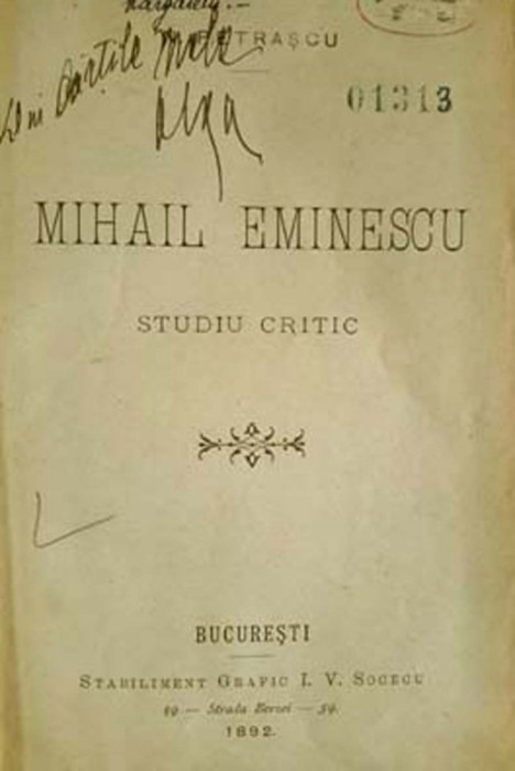 Autograf pe carte Eminescu: Studiul critic al lui N. Petrascu, Bucuresti, 1892