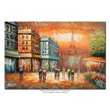 Tablou pictat manual, Paris turnul Eiffel, 90x60cm ulei pe panza in cutit efect 3D, gata de expus pe perete