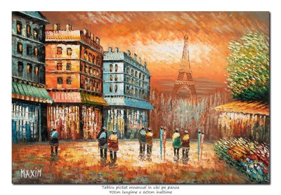 Tablou pictat manual, Paris turnul Eiffel, 90x60cm ulei pe panza in cutit efect 3D, gata de expus pe perete foto