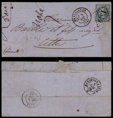 France 1869 Cover + content Draguignan to Cette - Railroad cancel D.256 foto