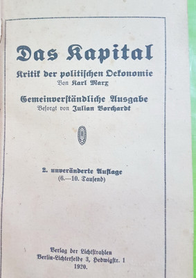 E60-KARL MARX-KAPITALUL-Vol. 2-Editie Germania 1920- Critica economiei politice. foto