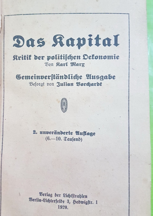 E60-KARL MARX-KAPITALUL-Vol. 2-Editie Germania 1920- Critica economiei politice.
