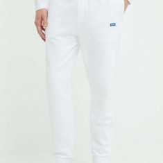 Hugo Blue pantaloni de trening din bumbac culoarea alb, neted