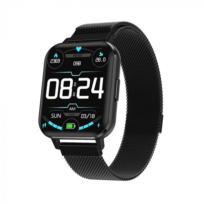 Ceas smartwatch Twinkler TKY-DTX, Bratara metal, Negru cu ECG, Tensiune arteriala, ritm cardiac, oxigen din sange, interfete schimbabile, memento sede