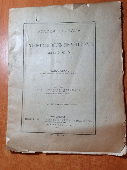 1898-un poet moldovean din secolul 18- mateiu milo de i. tonoviceanu