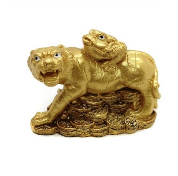 Statueta Feng Shui Tigru auriu cu Broasca raioasa - 10cm,TT27