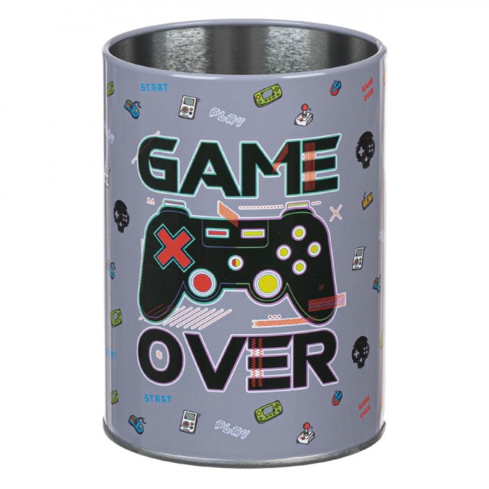 Suport Pixuri Metalic, Game Over, Culoare Gri, Diametru 8cm, &Icirc;nălțime 10cm