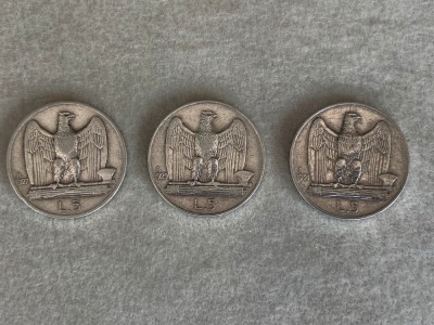 Lot 5 lire 1927, 1929 si 1930 ITALIA - Argint foto