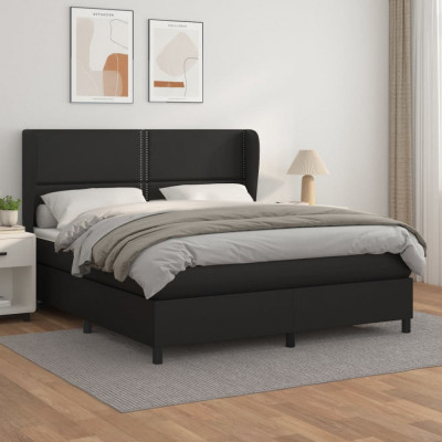 vidaXL Pat box spring cu saltea, negru, 160x200 cm, piele ecologică foto