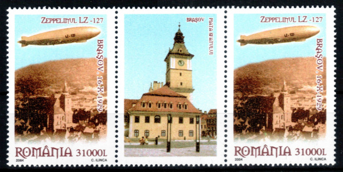 Romania 2004, LP 1652 a, Zeppelin Brasov, straif de 2 + vinieta la mijloc, MNH!