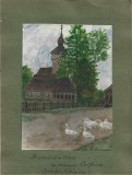 A3998N Biserică de lemn &icirc;n comuna Colțirea (&icirc;n actualul județ Maramureș), fotografie colorizată manual cu acuarele, perioada interbelică