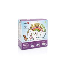 Set 3 piese Unicorn Metalac, email, Cana 8cm, Caserola cu capac 14cm, Farfurie 18cm