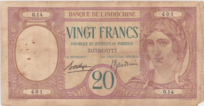 INDOCHINA DJIBOUTI 20 FRANCS FRANCI ND(1928) UZATA foto