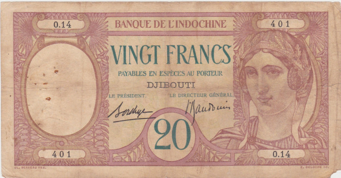 INDOCHINA DJIBOUTI 20 FRANCS FRANCI ND(1928) UZATA