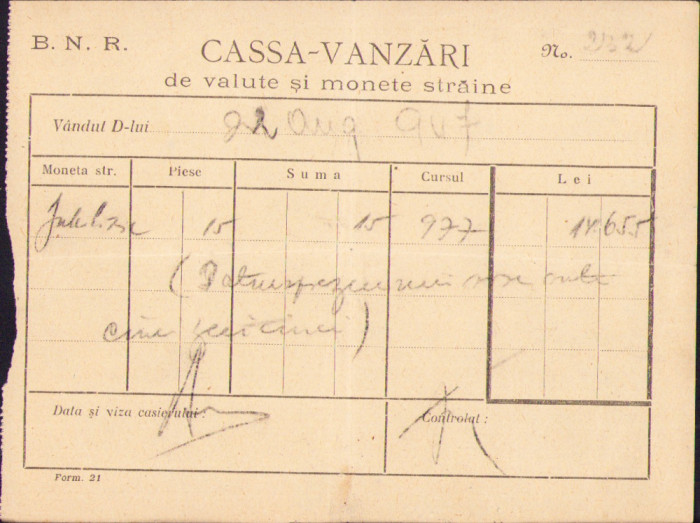 HST A2152 Chitanță interbelică BNR Cassa v&acirc;nzări de valute și monete străine