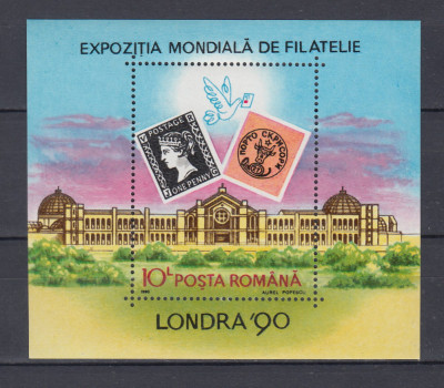 ROMANIA 1990 LP 1236 EXPOZITIA MONDIALA DE FILATELIE LONDRA COLITA MNH foto